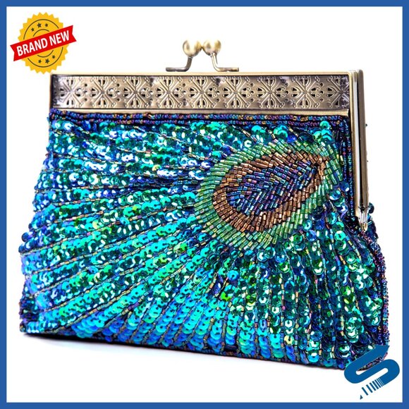 Vintage Peacock Sequin Evening Clutch with Chain, Perfect for Weddings Parties